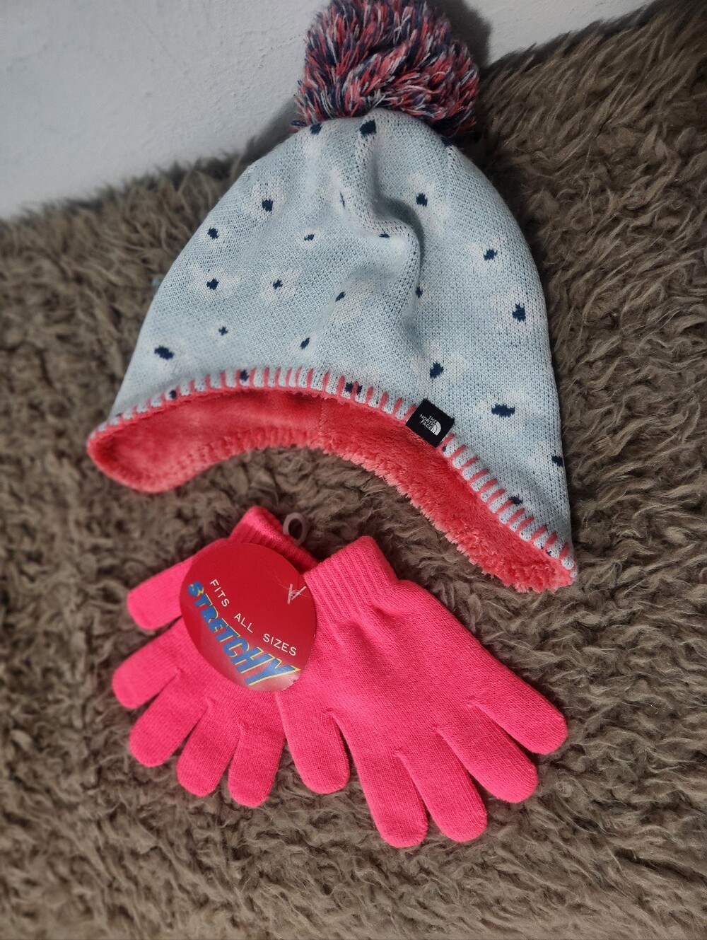 Kids Pink Knit North Face Gloves and Pom Pom Beanie Set
